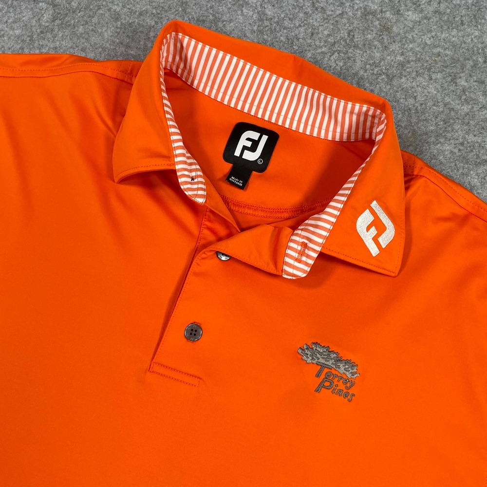 FootJoy Mens Polo Shirt Size L Orange Torrey Pines Logo Short Sleeve Stretch